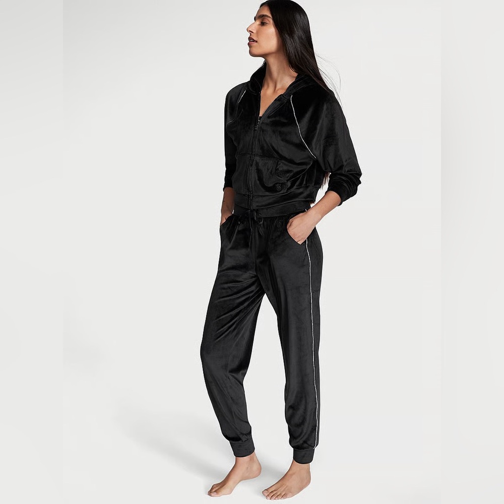 Victorias Secret | Black Velour High Rise Bling Jogger Tracksuit Set